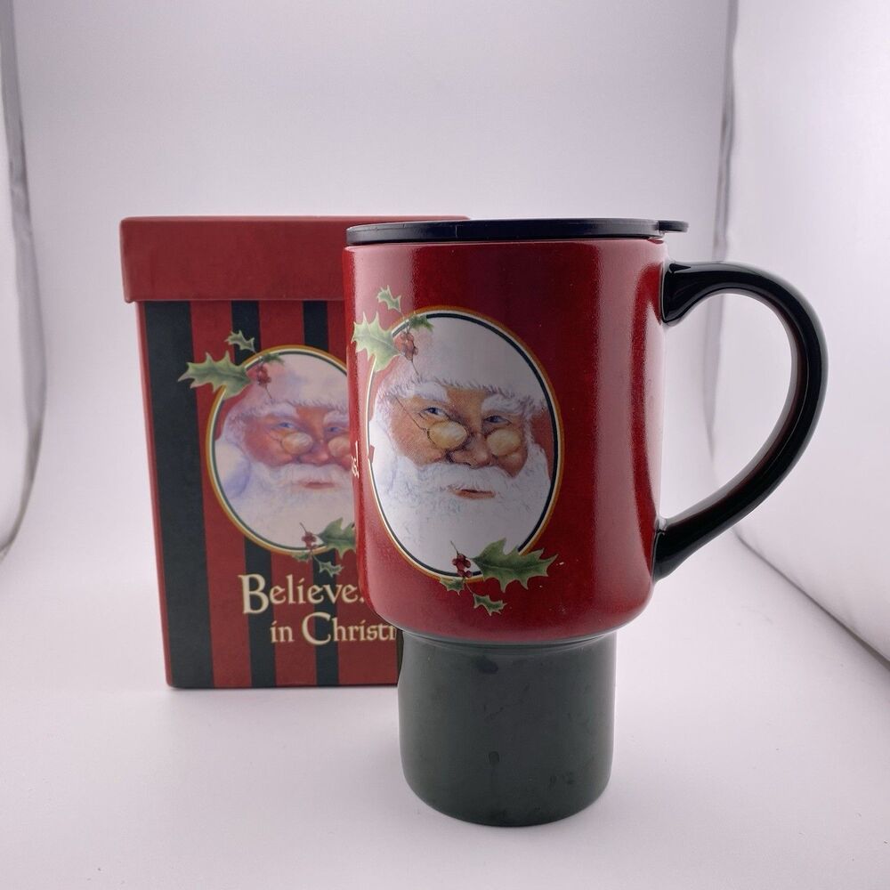 LANG Santa Ceramic Travel Mug w/ Lid 16 oz Believe In Christmas + Gift Box
